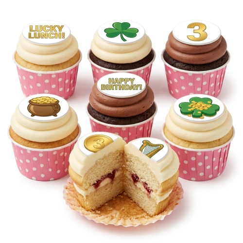 St. Patrick's Day themed cupcakes with shamrocks, pot of gold, harp, and custom age topper.