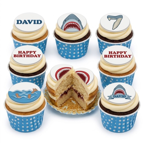 Shark themed birthday cupcakes with custom age and name options