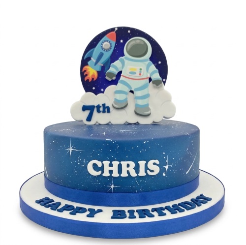 Blue space themed birthday cake with astronaut and rocket topper, custom age and name.
