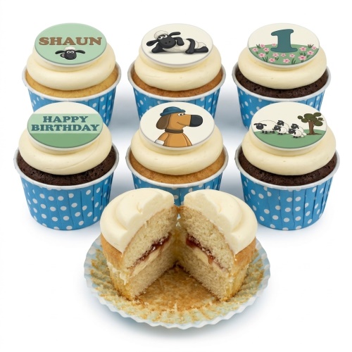Shaun the Sheep themed cupcakes with character toppers, custom age, and birthday message.