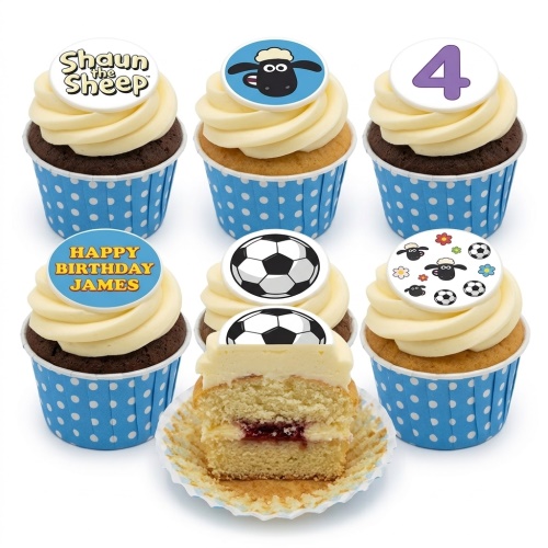 Shaun the Sheep and football themed cupcakes with custom age and name toppers.