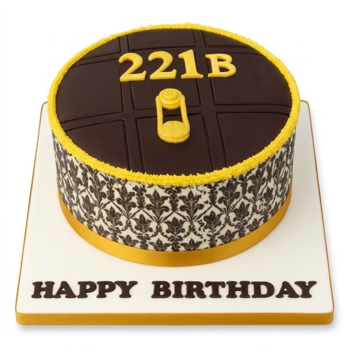 Round Sherlock Holmes birthday cake with "221B", a lantern, and damask pattern.