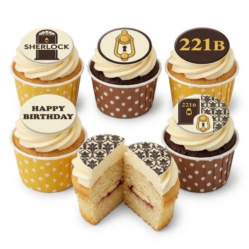 Sherlock Holmes themed cupcakes with 221B, door knocker, and damask pattern toppers.
