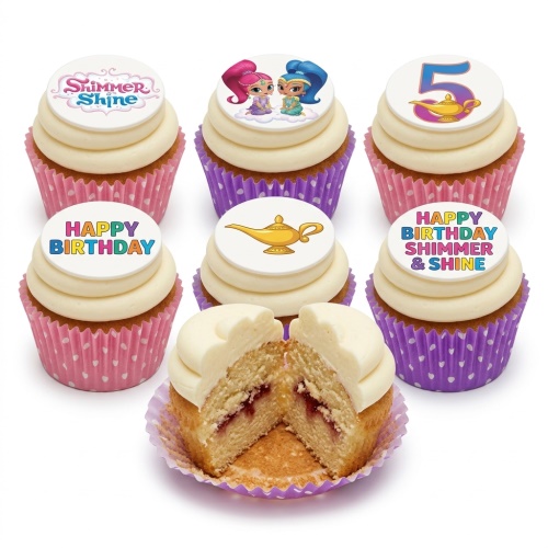 Shimmer & Shine themed birthday cupcakes with character toppers, magic lamp, "Happy Birthday" message, and a custom age '5' topper.