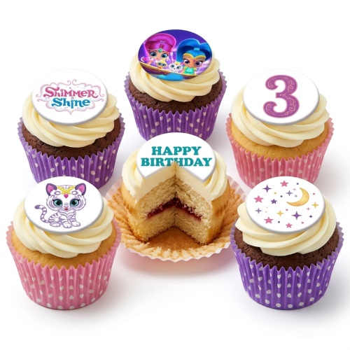 Shimmer and Shine themed birthday cupcakes with character toppers, a custom age topper, and a 'Happy Birthday' message.