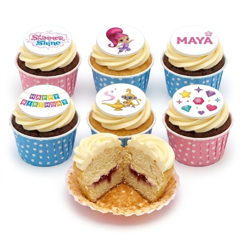 Shimmer and Shine themed birthday cupcakes with white frosting, pink and blue polka dot cases, and customisable toppers.