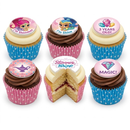 Shimmer and Shine themed cupcakes with character toppers, magic lamp, gems, and custom age example.