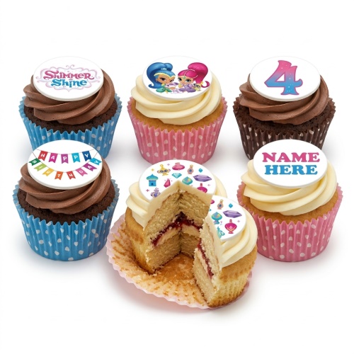 Shimmer and Shine themed cupcakes with character, genie lamp, custom age, and name toppers.