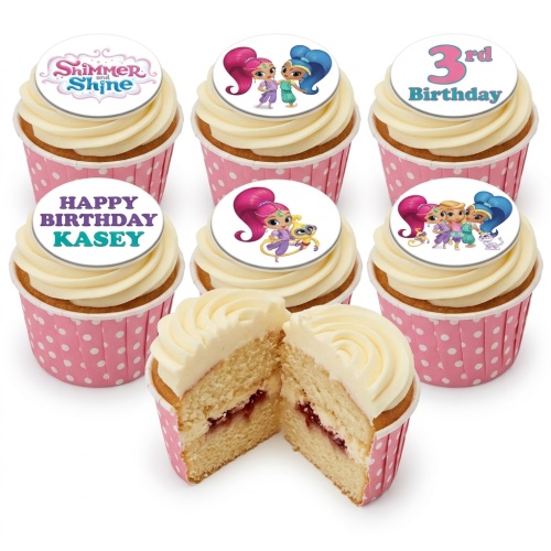 Six cupcakes with white frosting and pink polka dot wrappers, topped with Shimmer and Shine character designs and custom age/name messages.