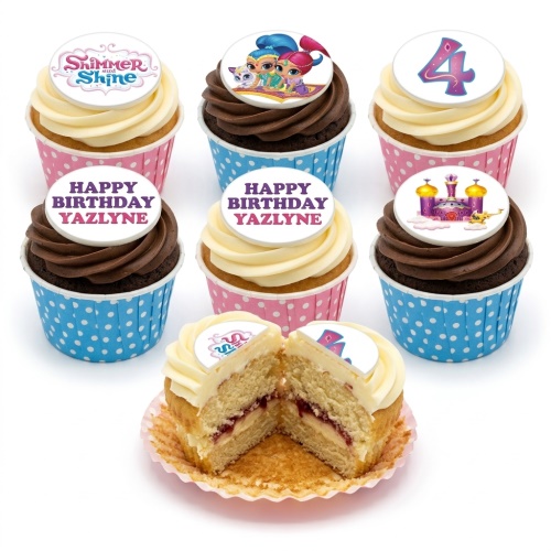 Shimmer and Shine themed birthday cupcakes with custom age topper and personalised message.