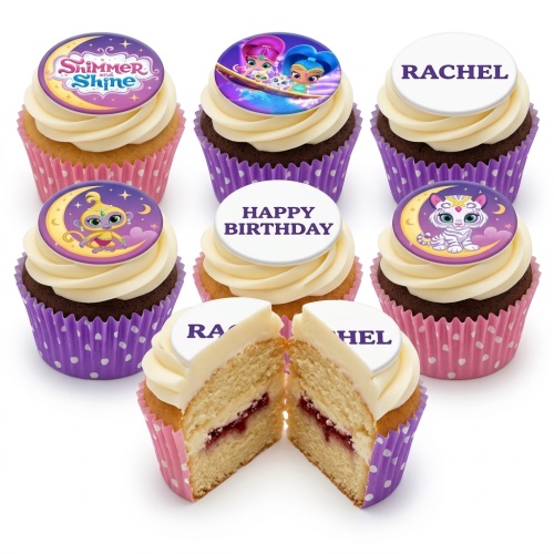 Shimmer and Shine themed cupcakes with character toppers, some with 'Happy Birthday' and a name