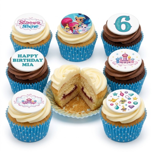 Assortment of Shimmer and Shine themed cupcakes with character, castle, gem, and custom age toppers.