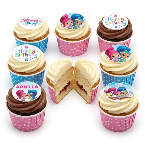 Shimmer and Shine themed birthday cupcakes with edible toppers and personalised message example.