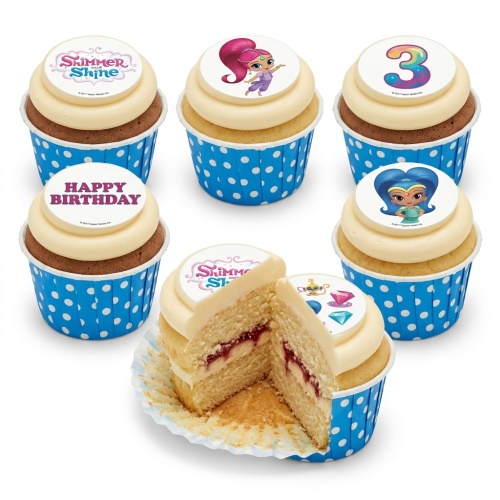 Shimmer and Shine themed birthday cupcakes with custom age and Happy Birthday toppers.