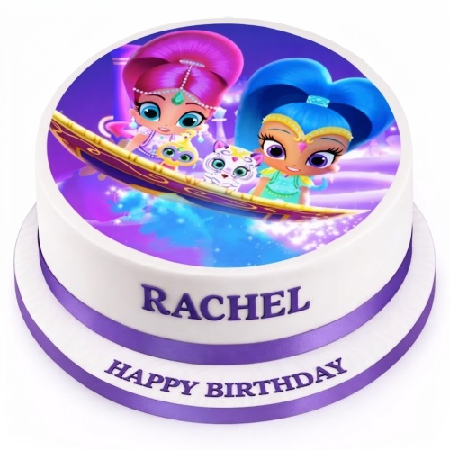 Round white birthday cake with Shimmer and Shine edible image topper and purple ribbon.
