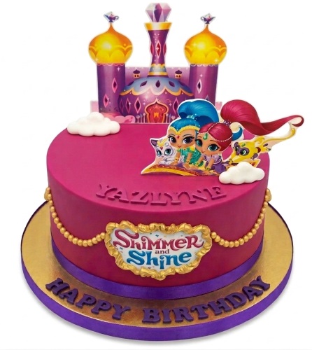 Pink Shimmer and Shine birthday cake with castle topper and character cutouts.