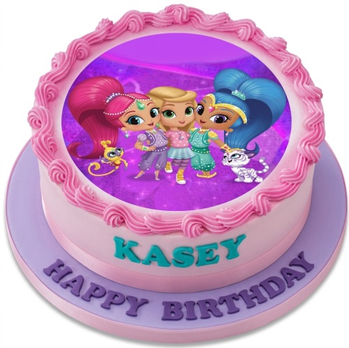 Round pink Shimmer and Shine birthday cake with edible image and "Happy Birthday" message.