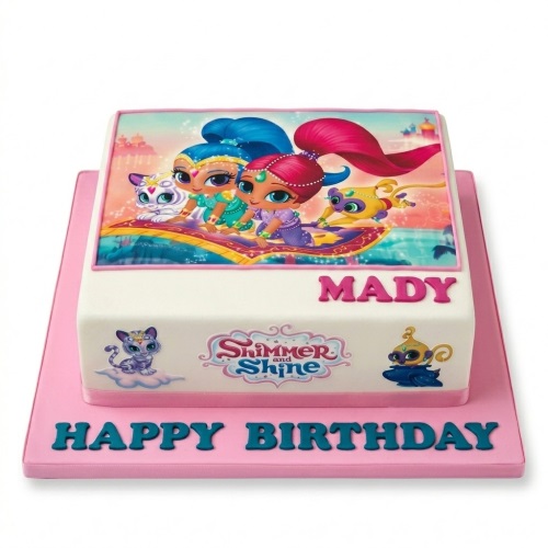 White square Shimmer and Shine birthday cake with edible character image and personalised name.