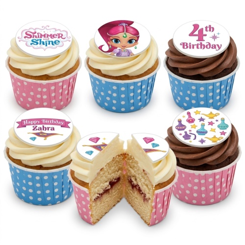 Shimmer and Shine themed cupcakes with character and logo toppers, custom age, and personalised name.