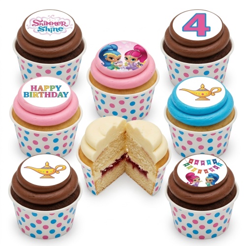 Shimmer and Shine themed birthday cupcakes with pink, blue, and chocolate frosting, featuring character and genie lamp toppers, and a custom age '4'.
