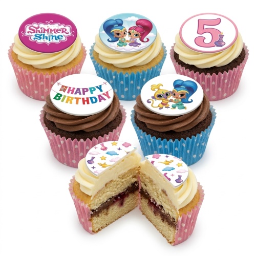 A selection of Shimmer and Shine themed cupcakes with vanilla and chocolate frosting, featuring character toppers, a 'Happy Birthday' banner, and a custom age '5' topper.