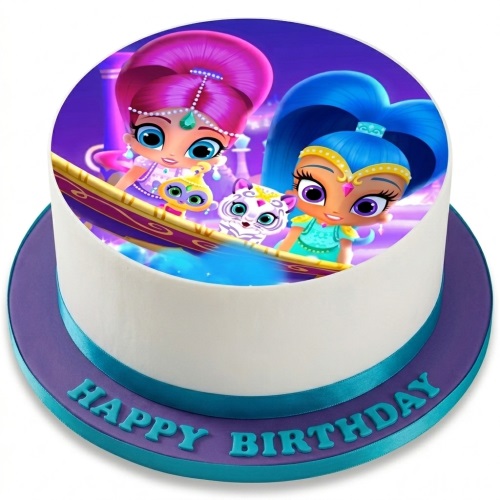 Round white cake with Shimmer and Shine edible image topper, purple base, and teal ribbon with 'Happy Birthday' message.