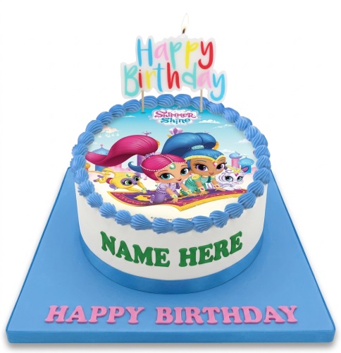 Round white Shimmer and Shine birthday cake with blue icing border and personalised name area.