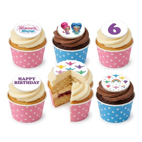 Shimmer and Shine themed cupcakes with character toppers, genie lamps, rainbow, and a custom age '6' topper.