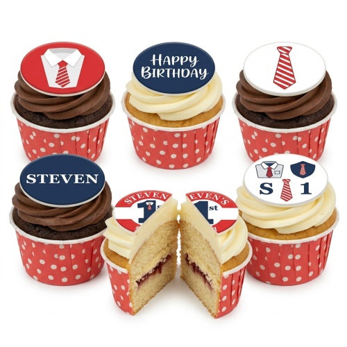 Cupcakes with red, white, and navy blue shirt and tie toppers, some with 'Happy Birthday' and custom age.