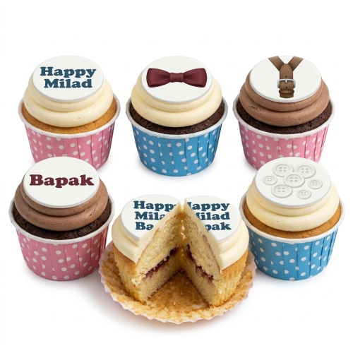 Cupcakes with bow tie, suspenders, and button toppers in blue and pink cases.