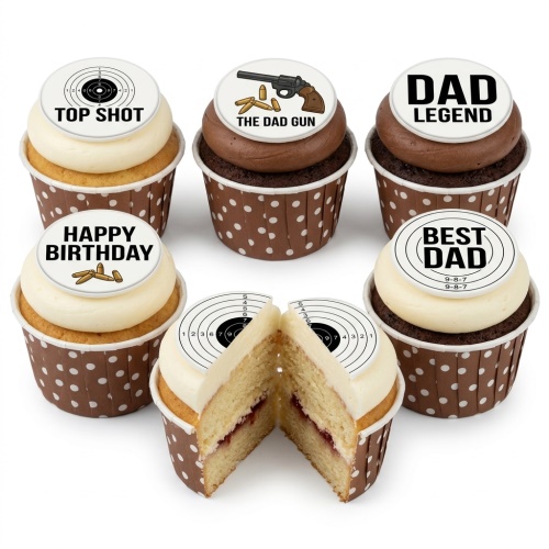 Set of six cupcakes with white and chocolate frosting, topped with edible discs featuring shooting targets, a gun, bullets, and text like 'TOP SHOT', 'THE DAD GUN', 'DAD LEGEND', 'HAPPY BIRTHDAY', 'BEST DAD'.