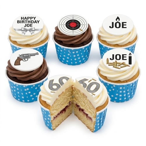 A set of six shooting theme birthday cupcakes with target, gun, and bullet decorations, some with vanilla and some with chocolate frosting.