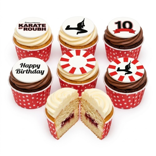 Karate themed cupcakes with martial arts silhouette, DreamWorks logo, 'Happy Birthday', and custom age topper.