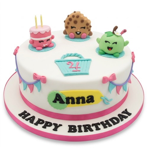 White round birthday cake with Shopkins characters, shopping basket, bunting, and custom name.