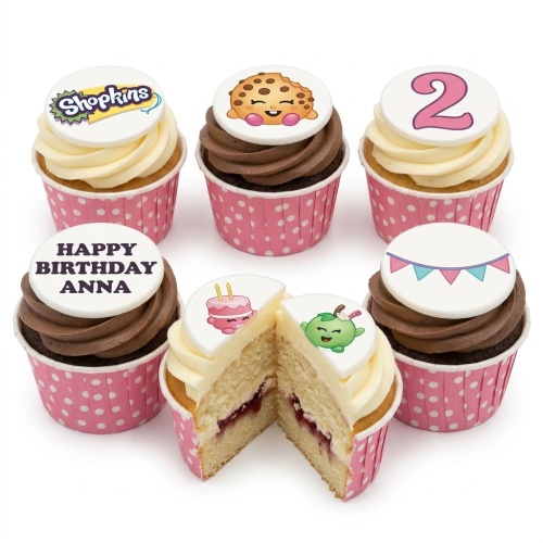 Shopkins themed cupcakes with custom age topper and personalised message.