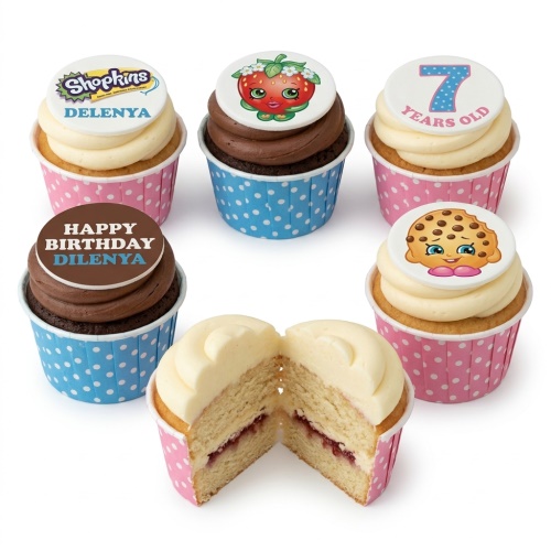 Shopkins themed birthday cupcakes with character edible toppers and custom age.