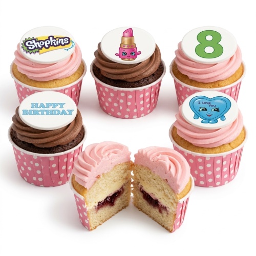 Shopkins themed birthday cupcakes with pink and brown frosting, featuring character and custom age toppers.