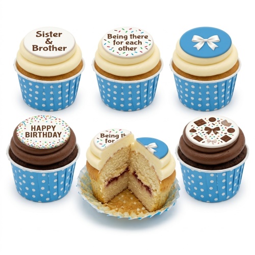 A set of personalised birthday cupcakes with blue polka dot wrappers and custom message toppers, including a blue bow and chocolate decorations.