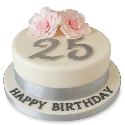 Round cream birthday cake with pink roses, silver custom age topper, and "Happy Birthday" message.