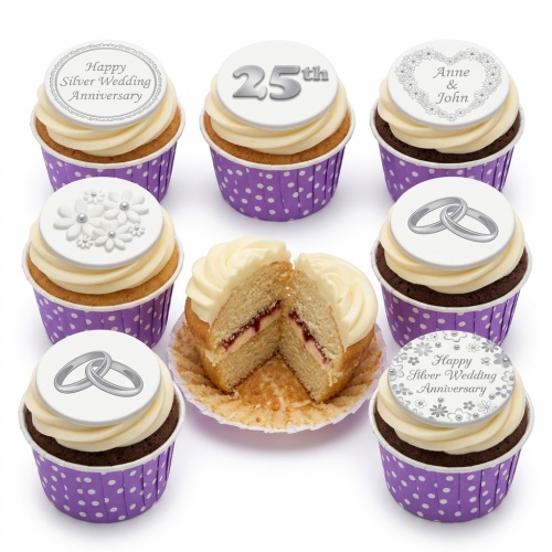 Selection of silver wedding anniversary cupcakes with 25th, rings, floral, and message toppers