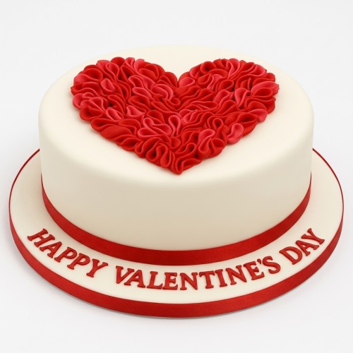 Round white cake with a red ruffled heart on top and "Happy Valentine's Day" message.