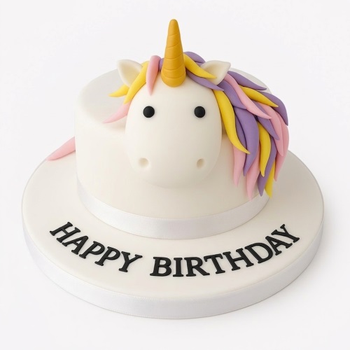 White round unicorn birthday cake with a 3D unicorn head, golden horn, and pastel pink, yellow, and purple mane.