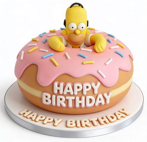 Homer Simpson character cake emerging from a pink iced donut with sprinkles and "Happy Birthday" message.