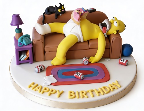 Homer Simpson character cake on a brown couch with a donut, Duff cans, and a black cat.