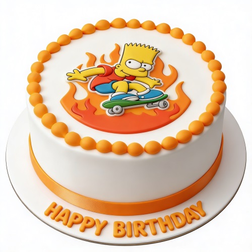 Round white birthday cake with Bart Simpson on a skateboard and orange flames.