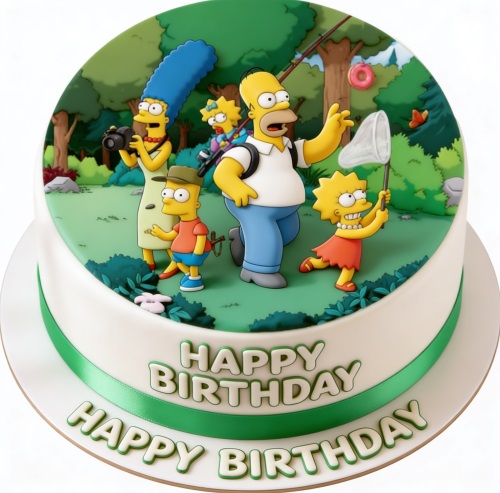 Round white birthday cake with edible The Simpsons family figures in a green forest scene.