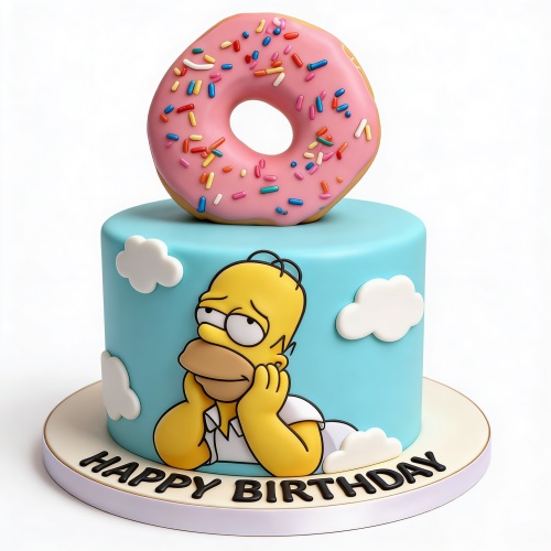 Round blue birthday cake with 3D Homer Simpson and a large pink donut topper with sprinkles.
