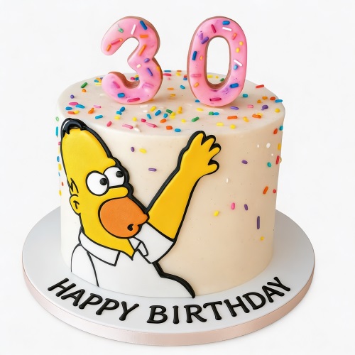 Homer Simpson birthday cake with colourful sprinkles and custom age number toppers.