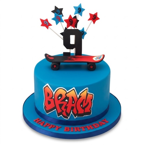 Blue round birthday cake with a red and black skateboard topper, graffiti-style "BRAG" text, and custom age star toppers.