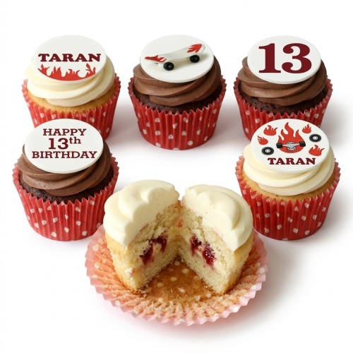Skateboard themed birthday cupcakes with flame designs, custom age, and personalised name toppers.